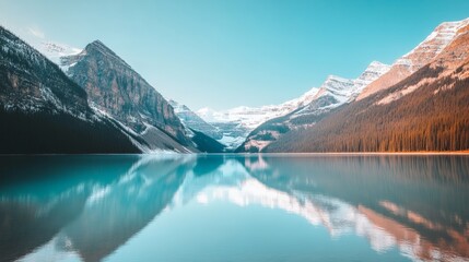 Stunning turquoise water of lake louise reflects surrounding snow capped mountains and evergreen forest at sunrise in banff national park, alberta, canada, creating picturesque tranquil scene