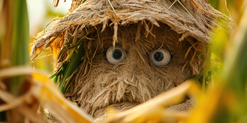 Straw Figure with Artificial Eyes in Cornfield