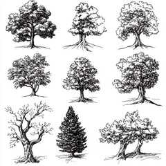 Fototapeta premium Nine Detailed Ink Drawings of Various Tree Types