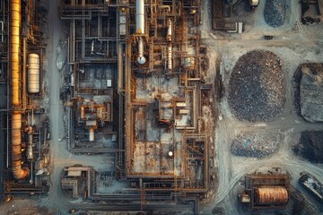 Aerial View of Industrial Complex with Pipes and Machinery in a Factory Setting