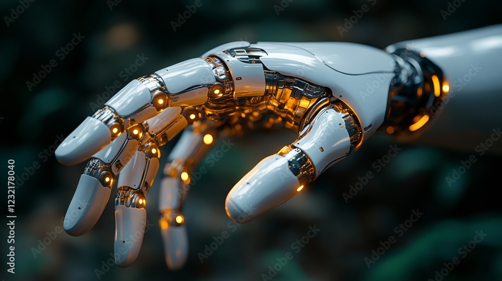 Poster metallic robotic hand extending through shadowy space, illuminated by pulsing blue-white lights sign