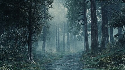 Obraz premium A misty forest path surrounded by tall trees, creating a tranquil and mysterious atmosphere.