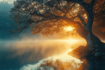 Fototapeta premium Serene Sunrise Over Misty Lake with Tree Silhouette and Golden Sunlight Reflections in Tranquil Nature Landscape