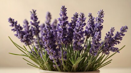 Fototapeta premium Soft Arrangement of Blooming Lavender on Cream Background – Serene Floral Display