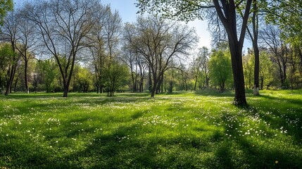 Obraz premium Beautiful spring natural background. Landscape with young lush green grass with blooming dandelions against the background of trees in the garden.