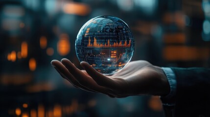 Fototapeta premium A high-tech transparent hologram of Earth floating above a businessman hand, with AI-generated trade data points and futuristic stock market analytics.