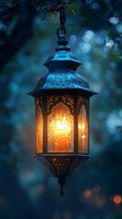 A Dimly Lit, Ornate Hanging Lantern Casts A Warm Glow Against A Dark, Blurry Background. The Scene Evokes A Mystical, Peaceful Atmosphere.