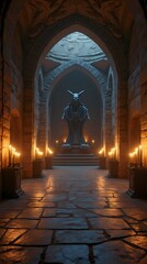 Obraz premium Statue of a demon in the Underground Hall with Gothic arches, where candles are installed in niches