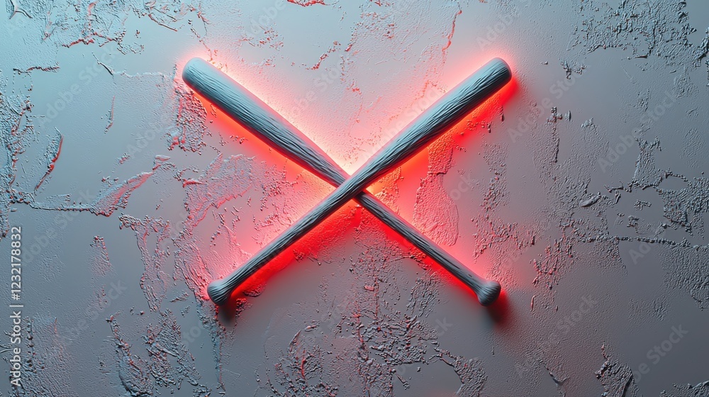 Poster minimalist 3d rendering of crossed bats with a glowing red outline on a textured background
