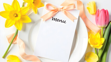 Charming Easter menu layout with decorative bow and delicate floral accents, placed on festive table setting with fresh tulips and daffodils, ideal for elegant celebration invitations. Selective focus