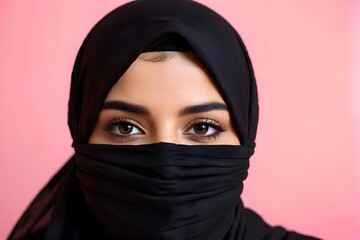 Naklejka premium Arab woman with a black hijab covering her face looking at the camera against the pink background with copy space