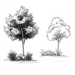 Fototapeta premium Hand Drawn Sketch Of Two Trees And Shrubs