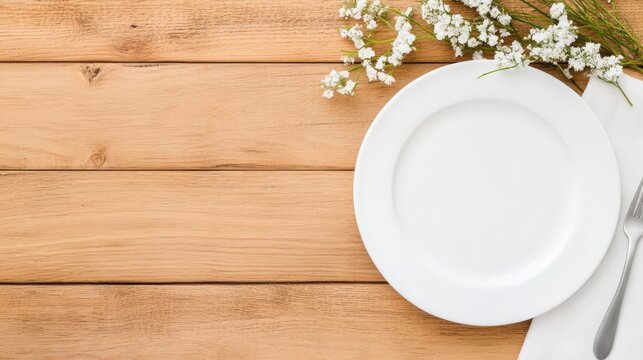 A white plate sits on a wooden table with a fork and a bunch of flowers - Powered by Adobe