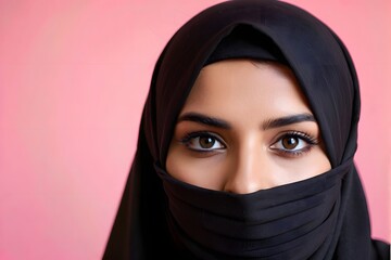 Naklejka premium Arab woman with a black hijab covering her face looking at the camera against the pink background with copy space