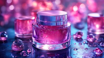 Pink gel cream jar, vibrant bokeh, beauty ad