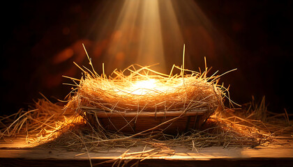 Dramatic, warm-lit image of a rustic wooden manger filled with hay. Perfect for Christmas, nativity, or religious themes.  Evokes feelings of hope, peace, and new beginnings.