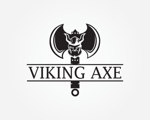 Obraz premium creative ax with a viking head in the middle logo design template