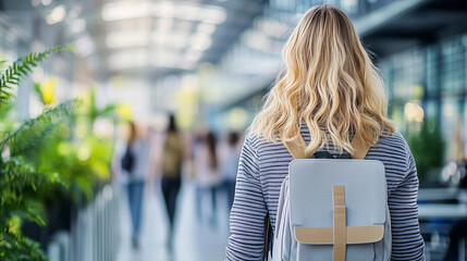 Young Gen Z Woman with Backpack at Train Station, Airport, Solo Travel Adventure, Self-Discovery, Gap Year, Backpacking and Independent Journey.