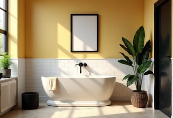 Fototapeta premium Pastel Yellow Retro Bathroom: Cream Tiles, Black Framed Art, Morning Light, Lived-in Design, Minimalist Style, Monstera Plant, Black Accents, Vintage Vibe, Simple Space, Clean Style. 