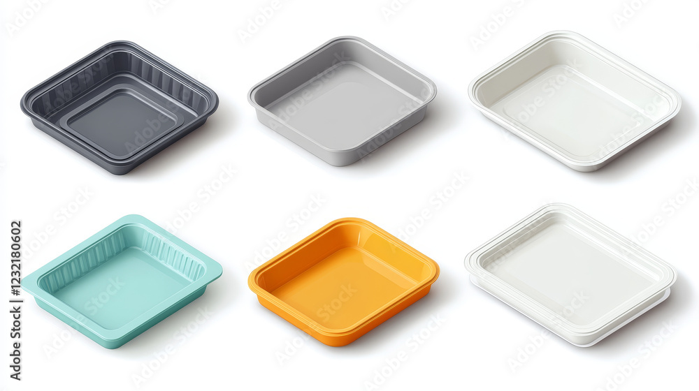 Poster plastic food container mockups set isolated on white background. vector realistic illustration of re