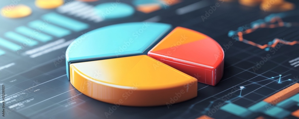 Poster colorful 3d pie chart is displayed on a digital screen with other graphs and charts, visualizing mar