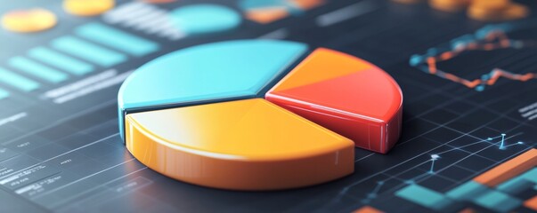 Fototapeta premium Colorful 3d pie chart is displayed on a digital screen with other graphs and charts, visualizing market share and financial data analysis