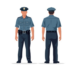 Vector illustration of a policeman in uniform shown from both front and back views. Features detailed design with a badge, belt, and hat. Ideal for security, law enforcement, and public safety themes