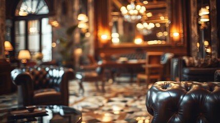A vintage hotel lounge with plush armchairs, soft lighting from table lamps, and an atmosphere of luxury and comfort. Gentlemen club VIP, elite, UK