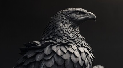 Fototapeta premium Monochrome eagle sculpture profiling detailed feathered wingspan, casting sharp silhouette against shadowy background