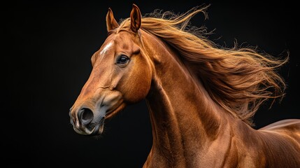 Obraz premium Chestnut horse galloping, long mane windswept, dramatic studio portrait against dark backdrop