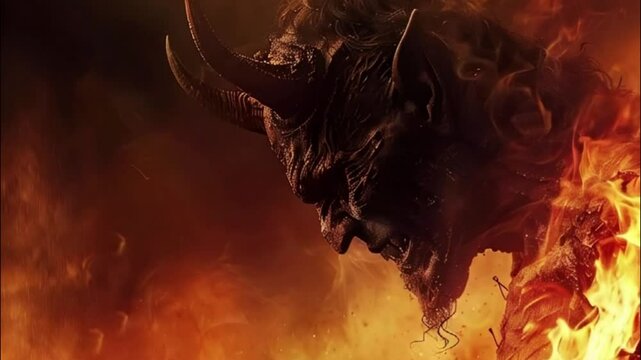 Scary sinister devil is in hell with dramatic bright fire lighting, abstract vivid composition consists of fictional unreal fantastic vision on background