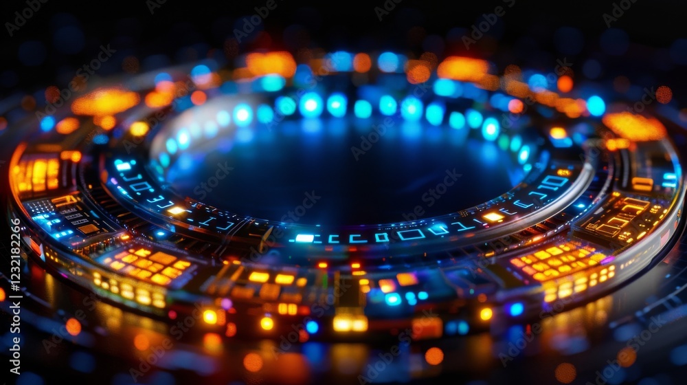 Poster This artwork features a striking circular design illuminated by bright blue and orange lights, creating a dynamic and futuristic atmosphere on a dark backdrop.