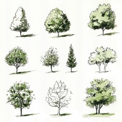 Watercolor Sketches of Various Tree Types and Shapes