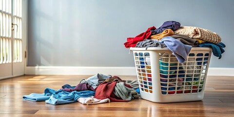 Fototapeta premium clothes scattered on floor near laundry basket, laundry area, dirty laundry