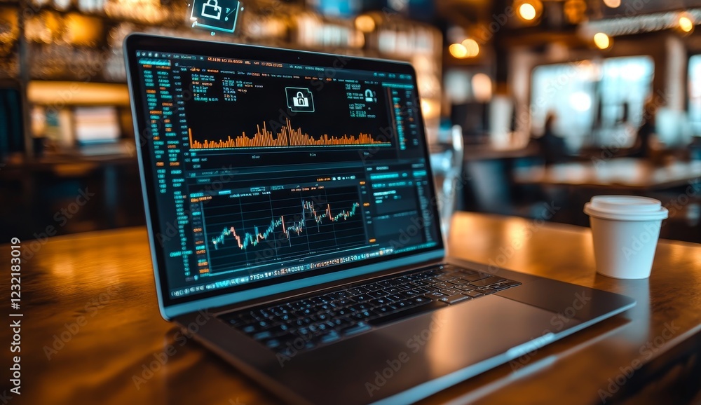 Poster laptop displaying stock market data on a table in a cafe.