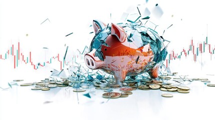 Naklejka premium A shattered piggy bank with floating coins and stock graphs, financial risk and volatility concept, high detail, isolated on white background.
