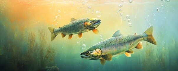Fototapeta premium Two trouts swimming underwater in a river with air bubbles rising to the surface and algae on the bottom