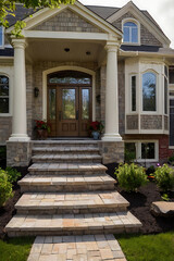 Magnificent Stone House Exterior: A Dream Home Entrance with Grand Stone Steps and Classic Columns
