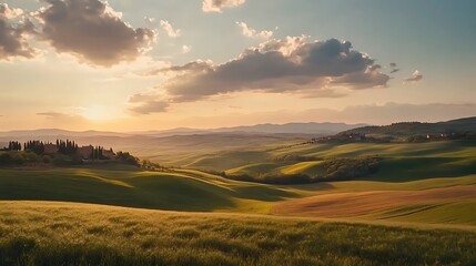Tuscan Sunset Landscape Rolling Hills Farmhouse
