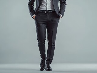 A man dressed in a dark suit walks forward with his hands in his pockets on a grey background