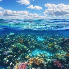 Obraz premium Beneath the surface of the Great Barrier Reef, vibrant corals and tropical fish thrive in clear turquoise waters. Generative AI