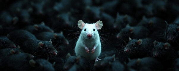 Concept of diversity and being unique, white mouse standing out in a crowd of black mice, individuality and difference