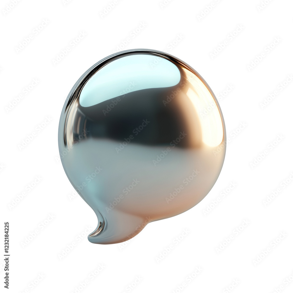 Poster a three dimensional metallic speech bubble graphic, shiny and reflective, isolated on a black backgr