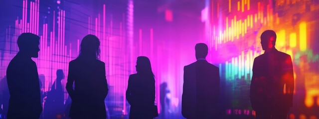 Silhouetted businesspeople stand before a vibrant data visualization wall.