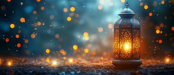 A Glowing Lantern Sits On The Ground, Surrounded By Bokeh Lights. It Evokes A Magical, Peaceful Atmosphere.