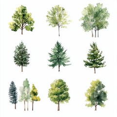 Watercolor Paintings of Various Types of Trees
