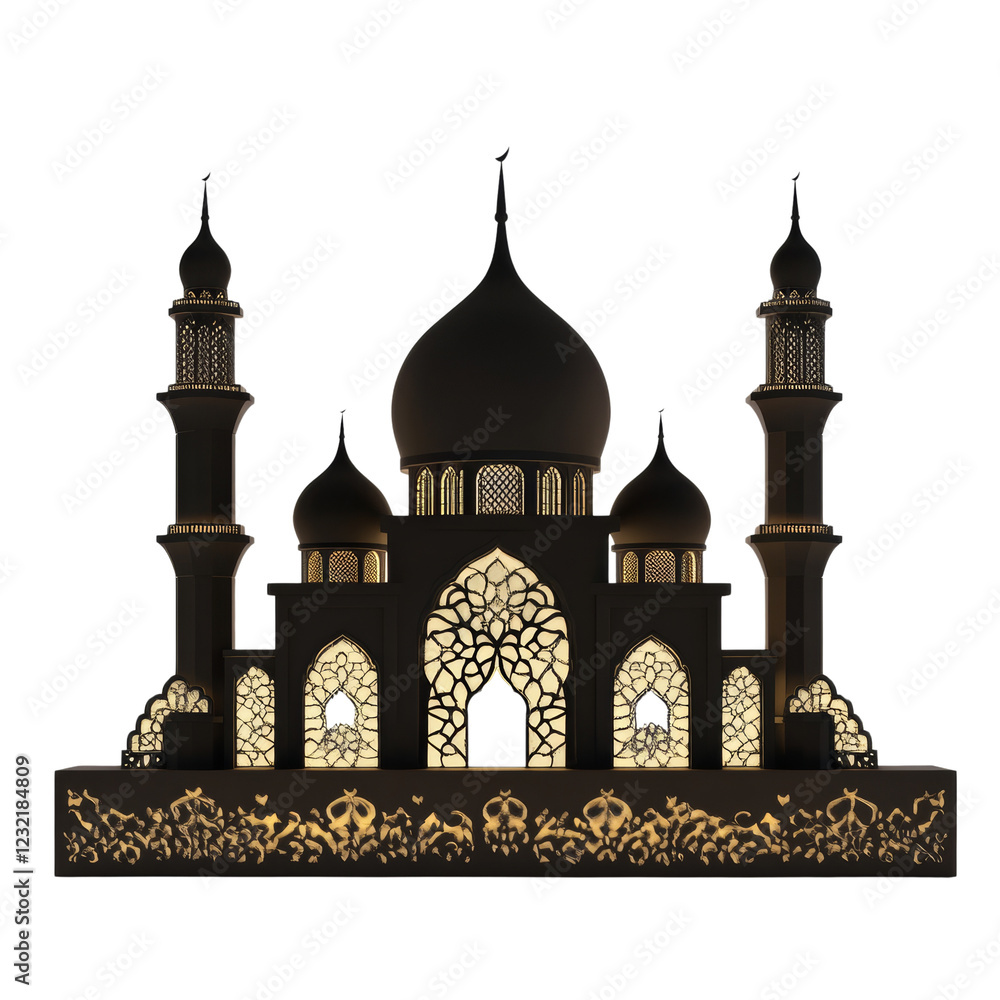 Poster a 3d rendered model of an illuminated mosque showcasing intricate architectural details and a serene