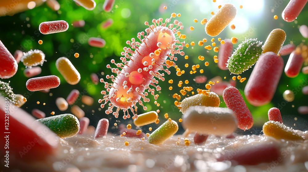 Poster vibrant microscopic world of bacteria and microorganisms in motion a detailed 3d rendering