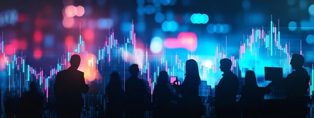 Silhouetted figures against a vibrant backdrop of stock market data.