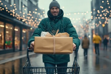 Man pushing shopping cart with wrapped gifts on a festive street during the holiday season